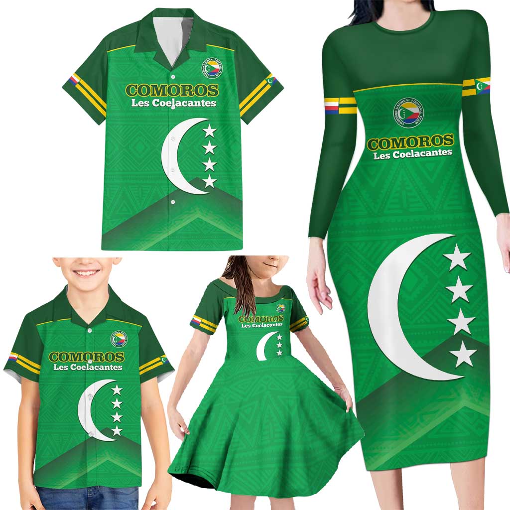 Custom Comoros Football Family Matching Long Sleeve Bodycon Dress and Hawaiian Shirt Allez Les Coelacantes - Wonder Print Shop