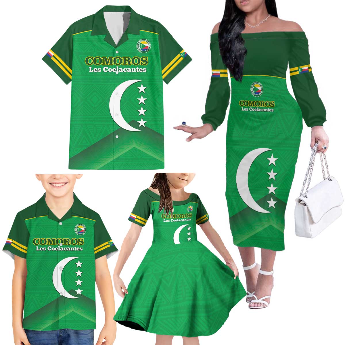 Custom Comoros Football Family Matching Off The Shoulder Long Sleeve Dress and Hawaiian Shirt Allez Les Coelacantes - Wonder Print Shop