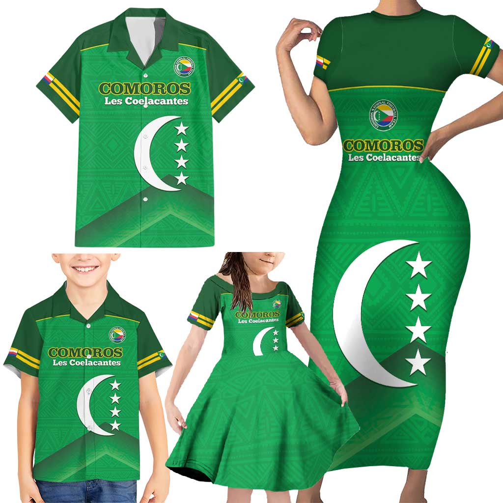 Custom Comoros Football Family Matching Short Sleeve Bodycon Dress and Hawaiian Shirt Allez Les Coelacantes - Wonder Print Shop