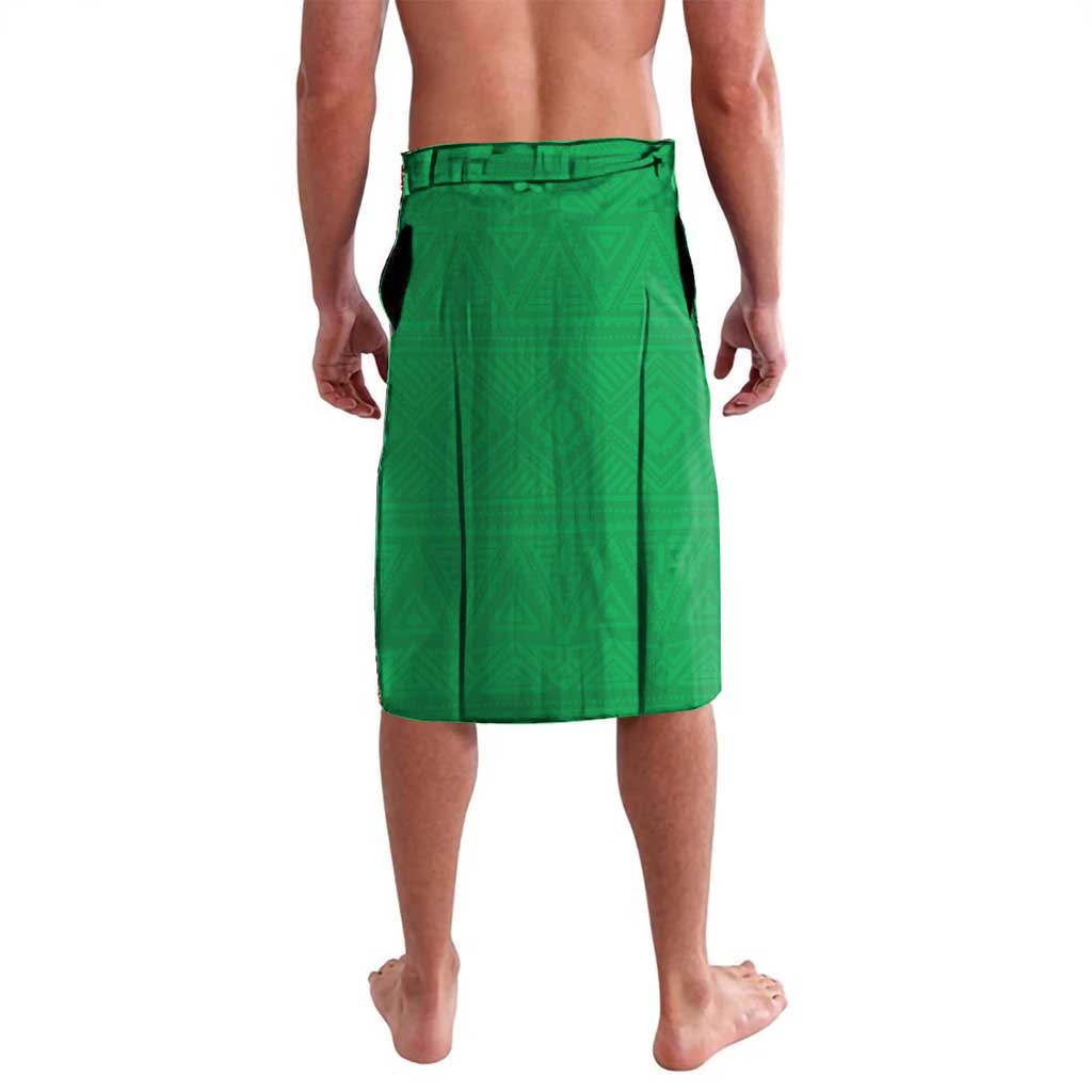Green football lavalava skirt with black waistband and wrap front panel