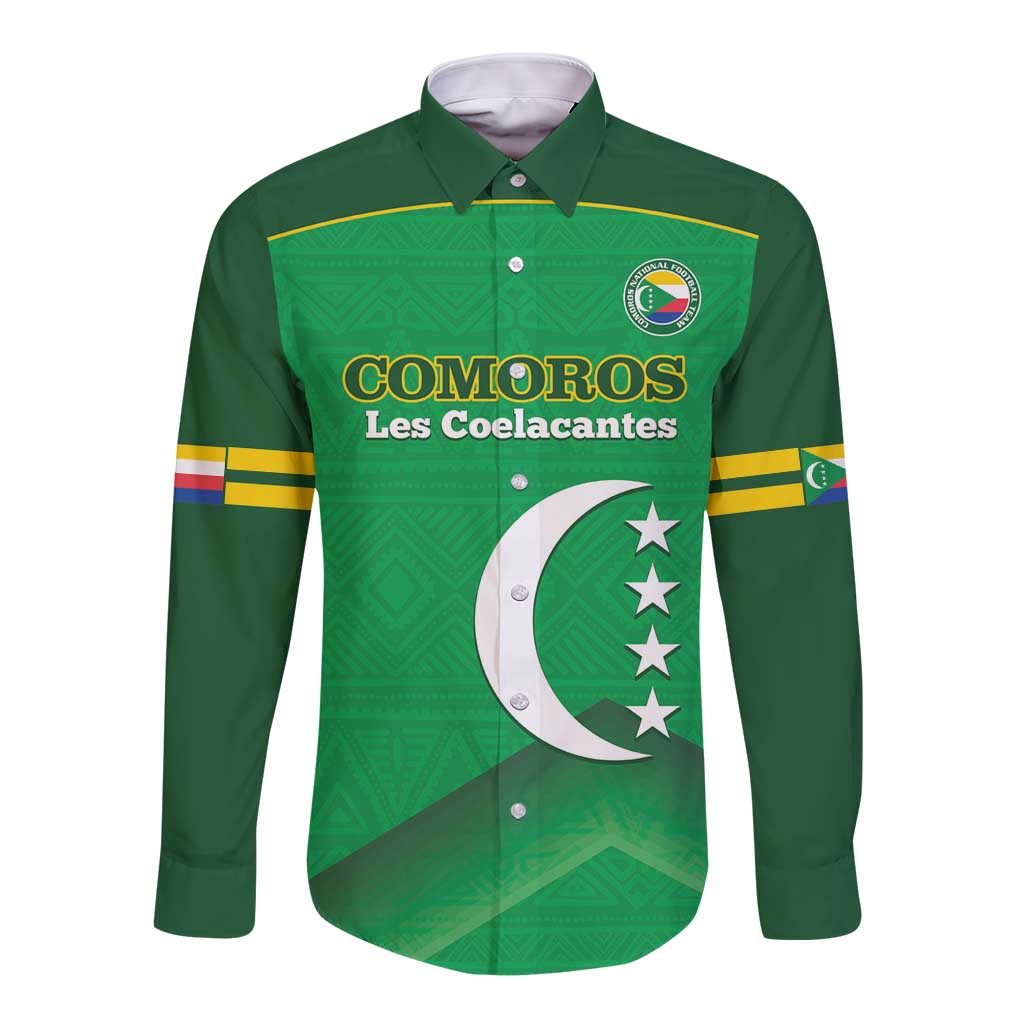Green long-sleeve football button shirt with collar; Comoros graphic front and side stripes