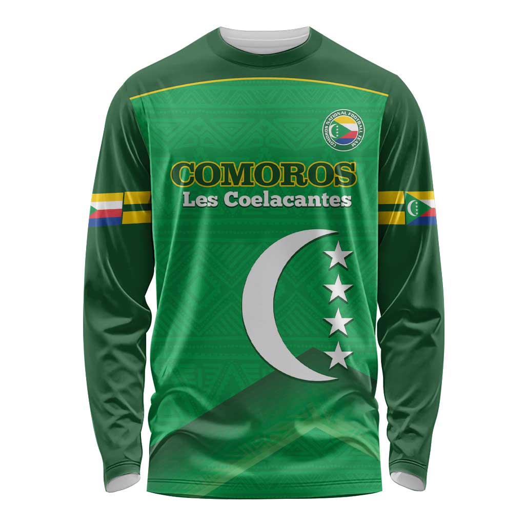 Green long-sleeve football shirt with COMOROS Les Coelacantes graphic, crest, moon