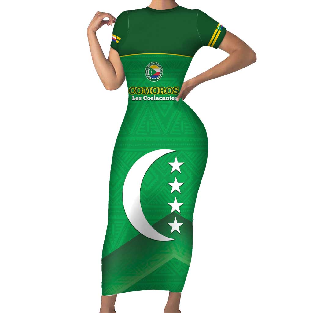 Custom Comoros Football Short Sleeve Bodycon Dress Allez Les Coelacantes - Wonder Print Shop