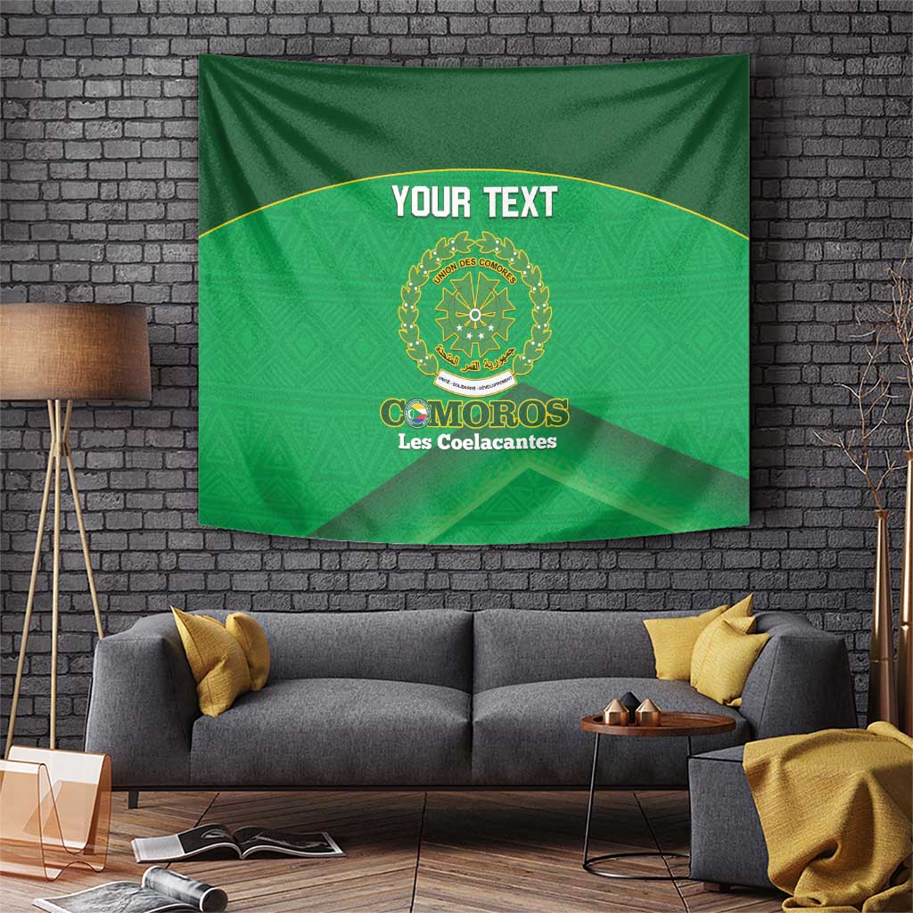 Green football tapestry on wall with gold emblem, 'YOUR TEXT', and 'Les Coelacantes' label