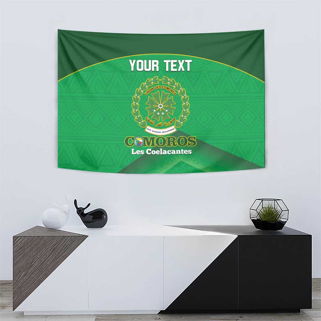 Green football tapestry featuring gold crest and 'YOUR TEXT' with 'COMOROS' wording