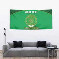Green football tapestry with gold emblem, 'YOUR TEXT' title, and 'COMOROS' crest text