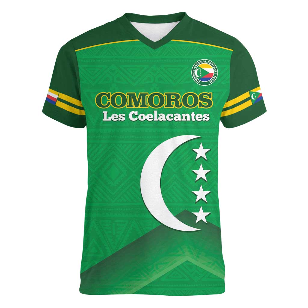 Custom Comoros Football Women V-Neck T-Shirt Allez Les Coelacantes - Wonder Print Shop