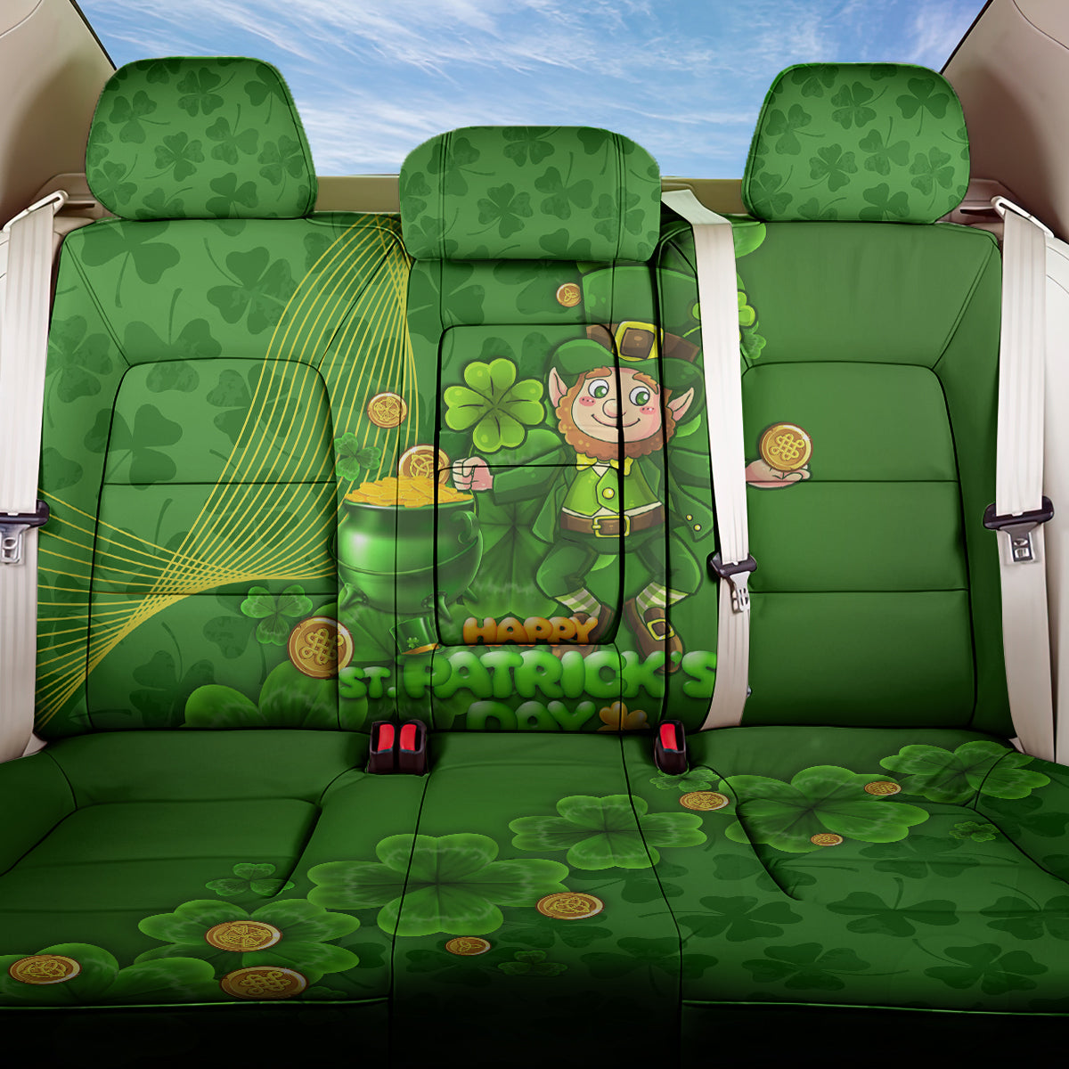 Happy St Patricks Day Back Car Seat Cover 2024 Irish Shamrocks With Lucky Leprechaun - Wonder Print Shop