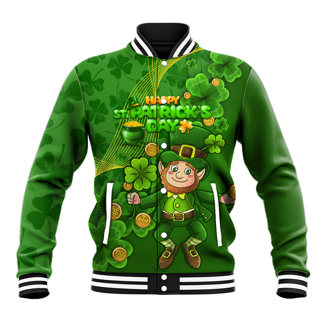 Happy St Patricks Day Baseball Jacket 2024 Irish Shamrocks With Lucky Leprechaun - Wonder Print Shop