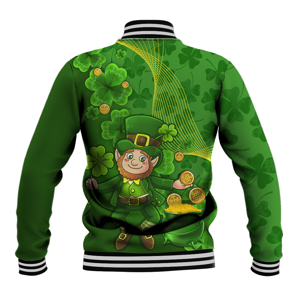 Unisex green St. Patrick's Day baseball jacket, back view, shamrocks and leprechaun