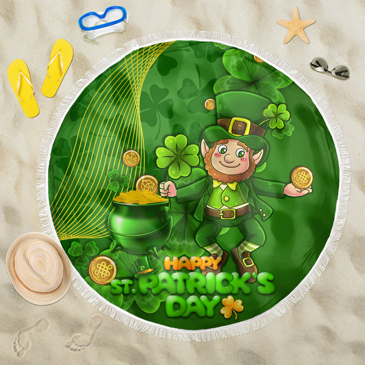 Happy St Patricks Day Beach Blanket 2024 Irish Shamrocks With Lucky Leprechaun - Wonder Print Shop