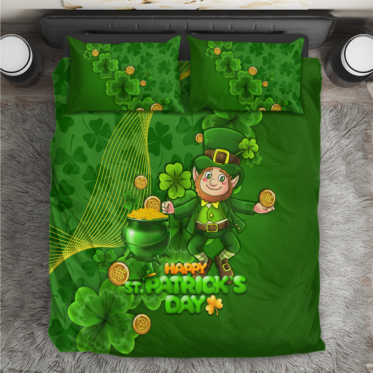 Happy St Patricks Day Bedding Set 2024 Irish Shamrocks With Lucky Leprechaun - Wonder Print Shop