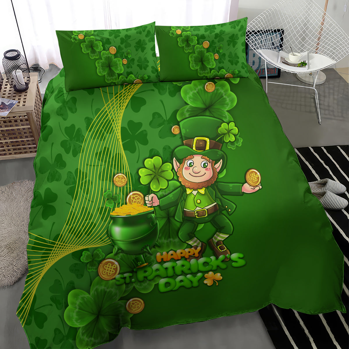 Green St. Patrick’s Day bedding set featuring smiling leprechaun, shamrocks, and lucky cauldron