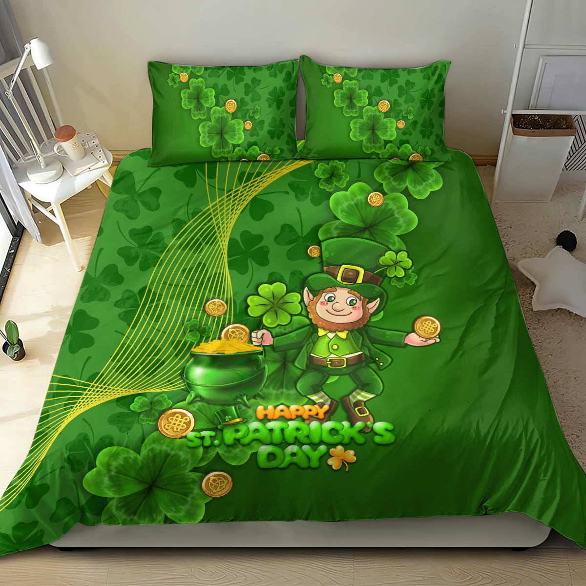 Green St. Patrick’s Day bedding set with leprechaun graphic, shamrocks, and gold “Happy St. Patrick’s Day”