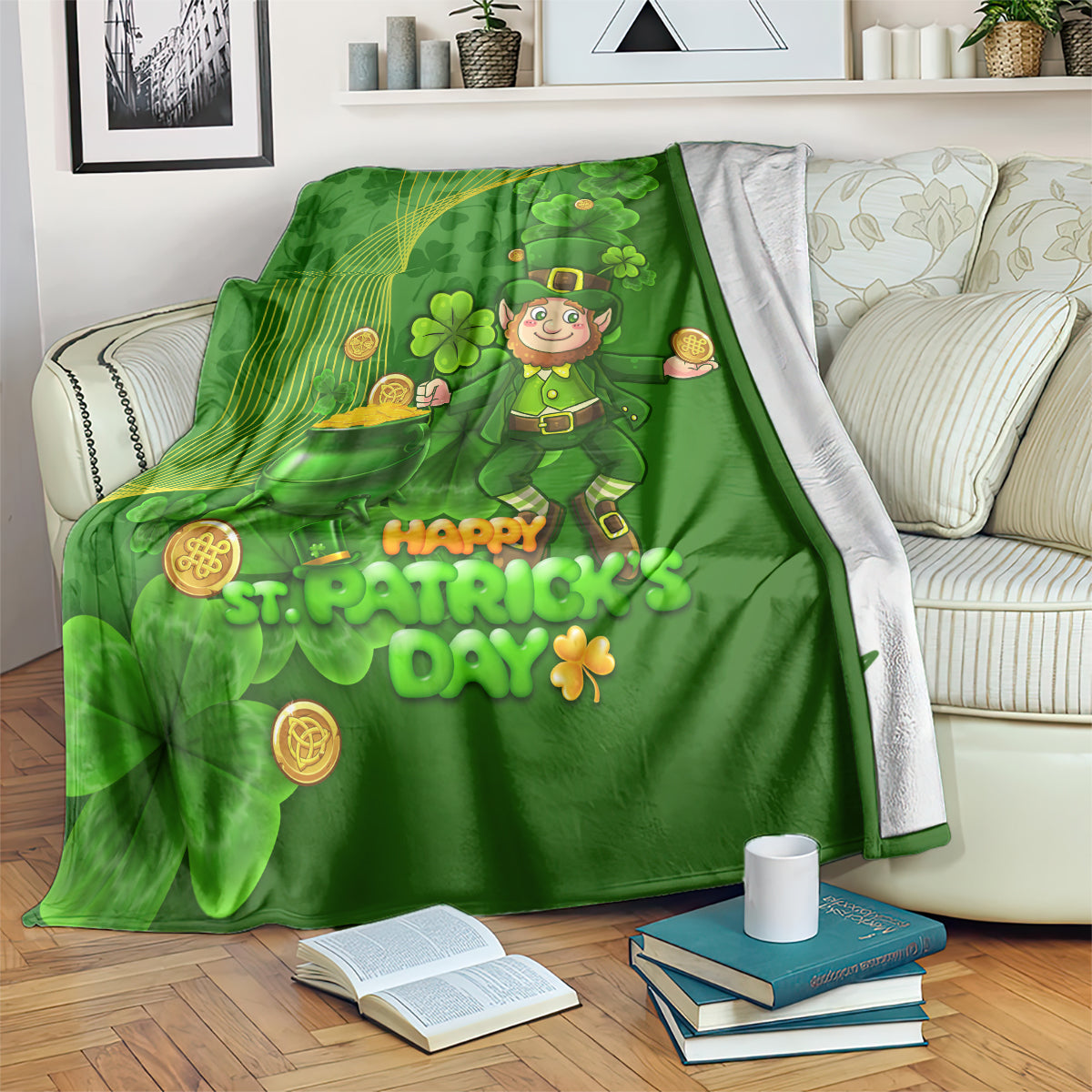 Green St. Patrick's Day blanket with leprechaun and shamrock design, 'Happy St. Patrick's Day'