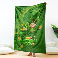 Green St. Patrick's Day blanket featuring a cartoon leprechaun, shamrocks, and 'Happy St. Patrick's Day'