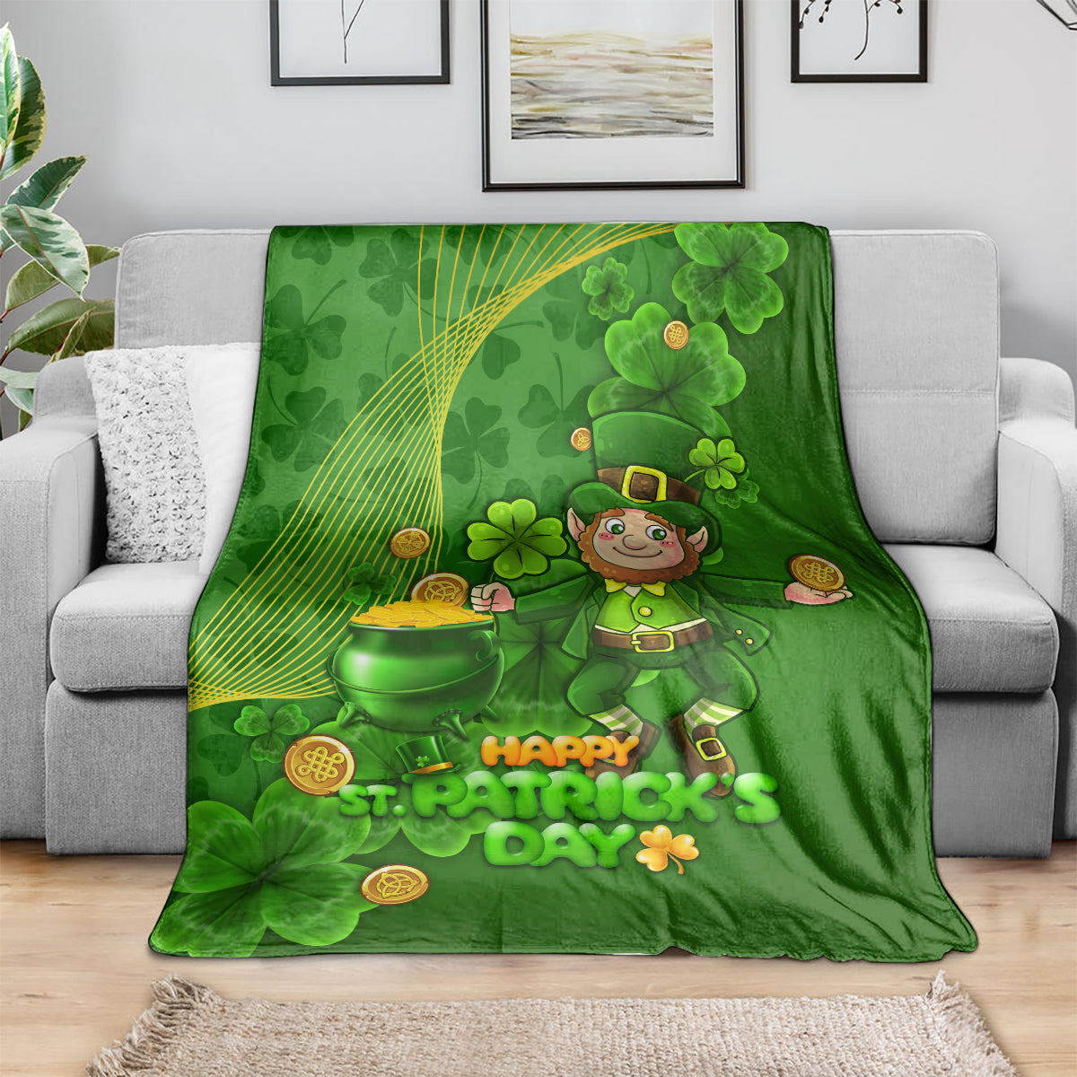 Green St. Patrick's Day blanket with leprechaun character, clover pattern, and 'Happy St. Patrick's Day'