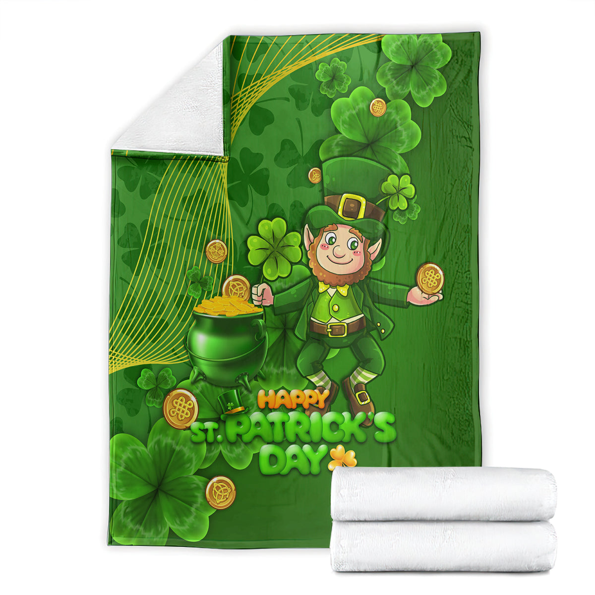Green St. Patrick's Day blanket with leprechaun, shamrocks, and 'Happy St. Patrick's Day' design