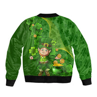 Green bomber jacket with ribbed hem and collar, shamrock and leprechaun back print