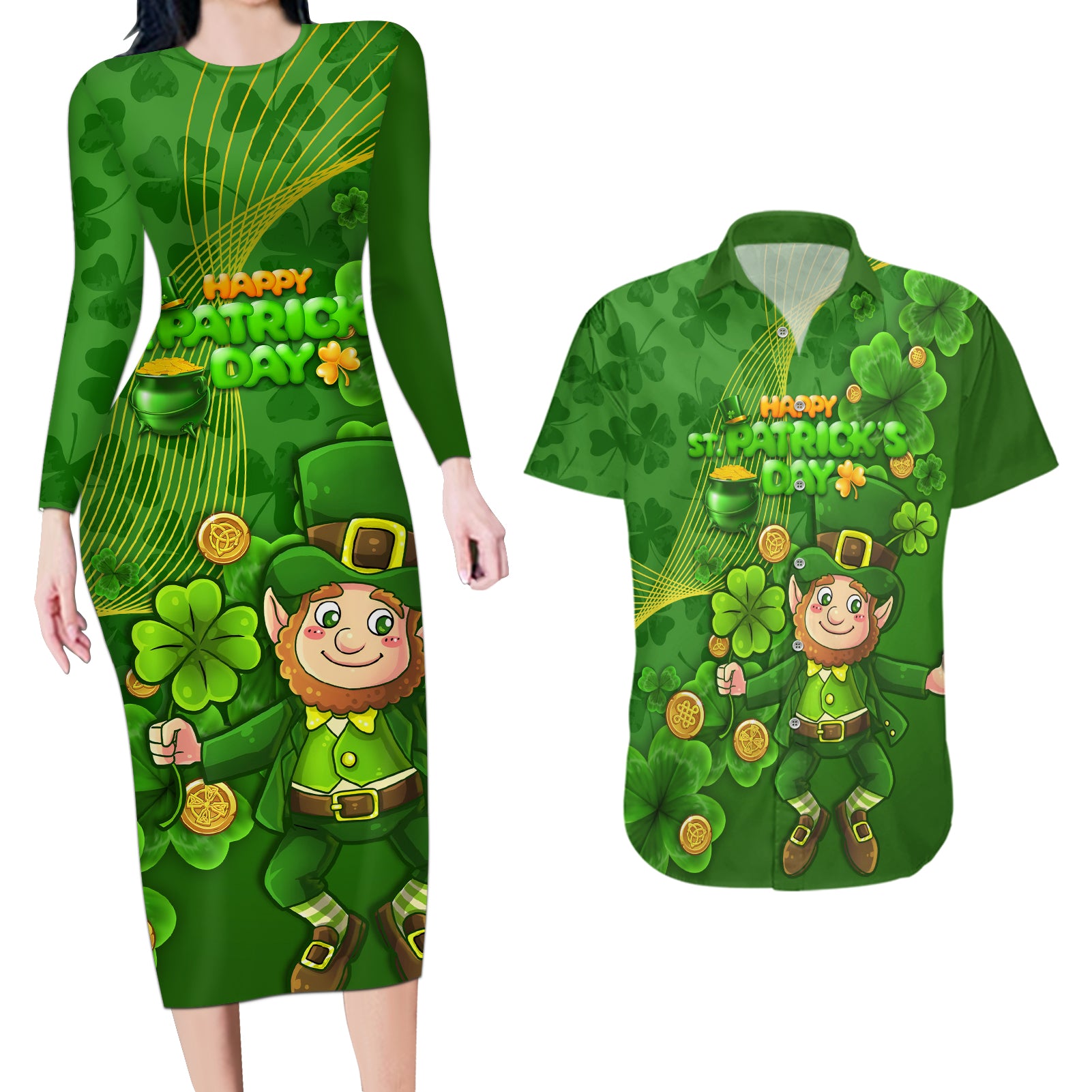 Happy St Patricks Day Couples Matching Long Sleeve Bodycon Dress and Hawaiian Shirt 2024 Irish Shamrocks With Lucky Leprechaun - Wonder Print Shop