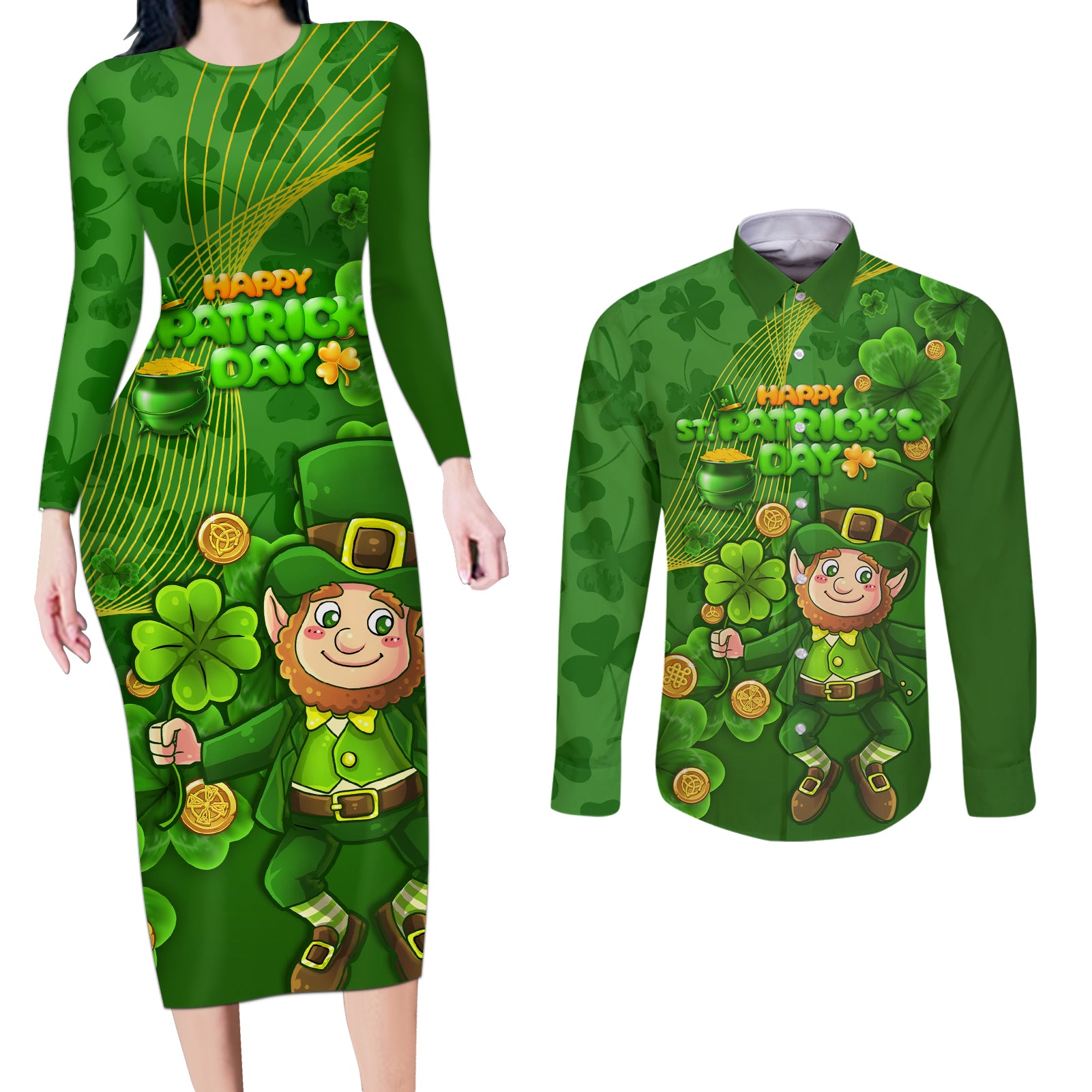 Happy St Patricks Day Couples Matching Long Sleeve Bodycon Dress and Long Sleeve Button Shirt 2024 Irish Shamrocks With Lucky Leprechaun - Wonder Print Shop