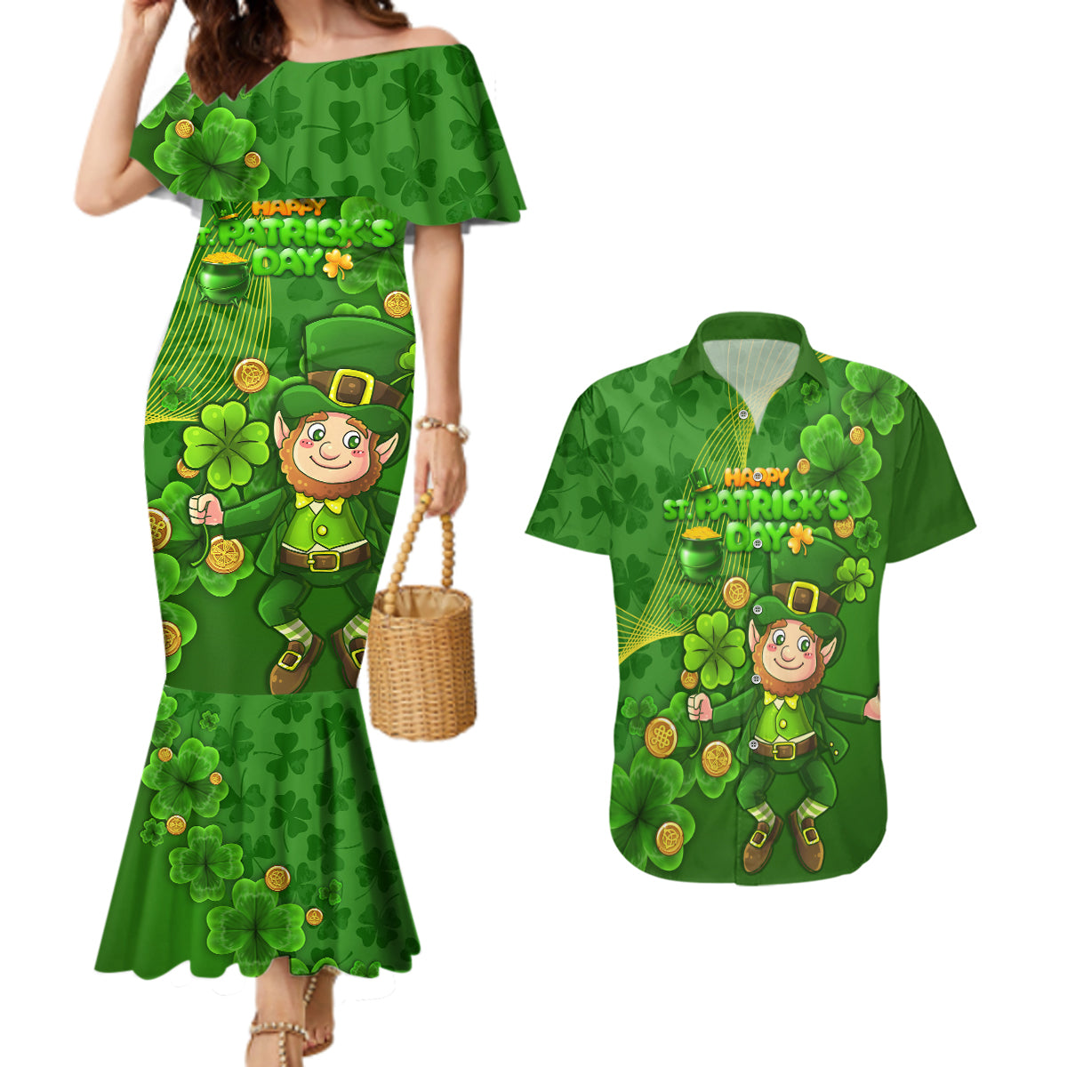 Happy St Patricks Day Couples Matching Mermaid Dress and Hawaiian Shirt 2024 Irish Shamrocks With Lucky Leprechaun - Wonder Print Shop