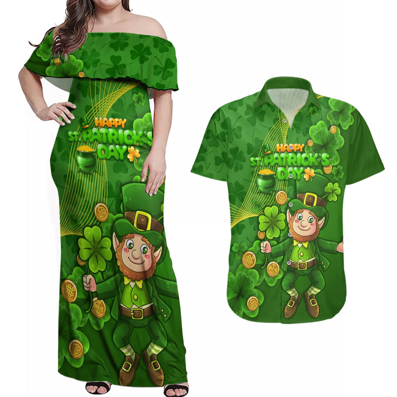 Happy St Patricks Day Couples Matching Off Shoulder Maxi Dress and Hawaiian Shirt 2024 Irish Shamrocks With Lucky Leprechaun - Wonder Print Shop