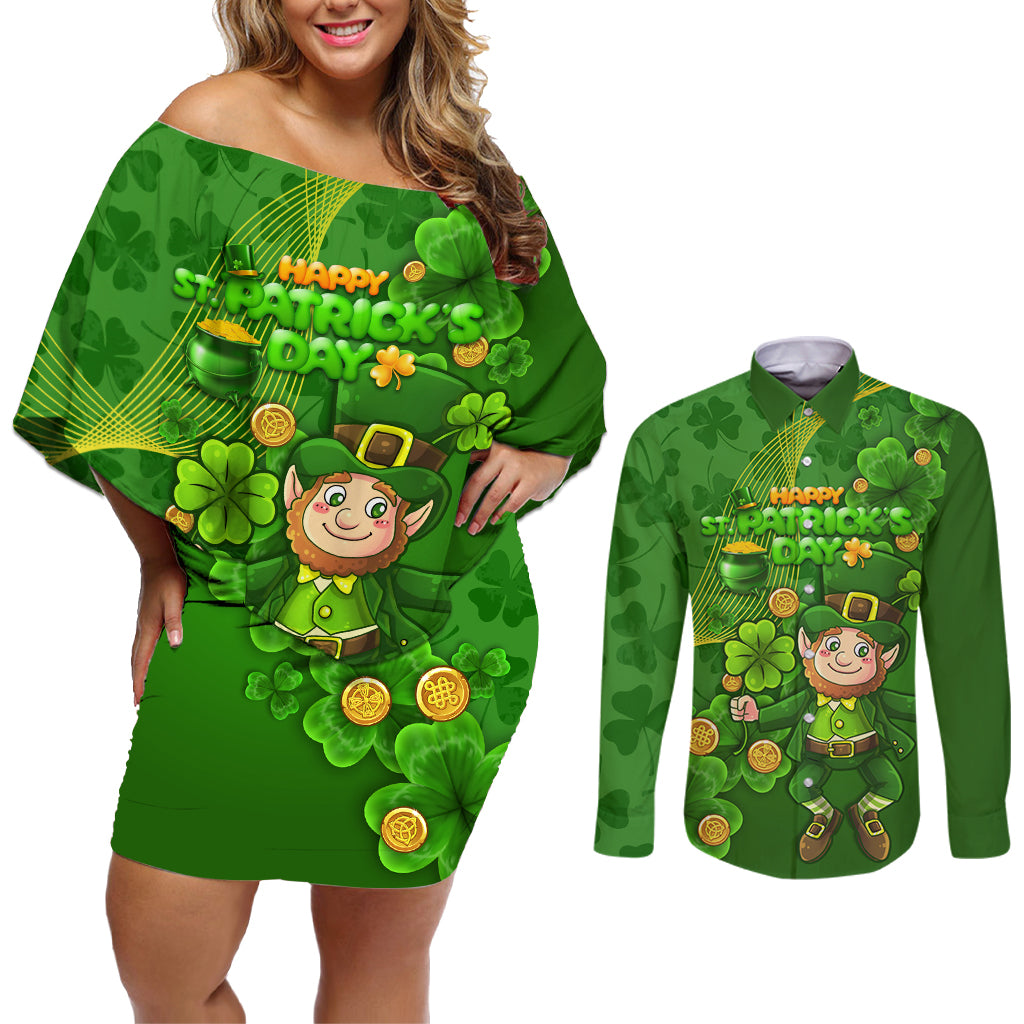 Happy St Patricks Day Couples Matching Off Shoulder Short Dress and Long Sleeve Button Shirt 2024 Irish Shamrocks With Lucky Leprechaun - Wonder Print Shop