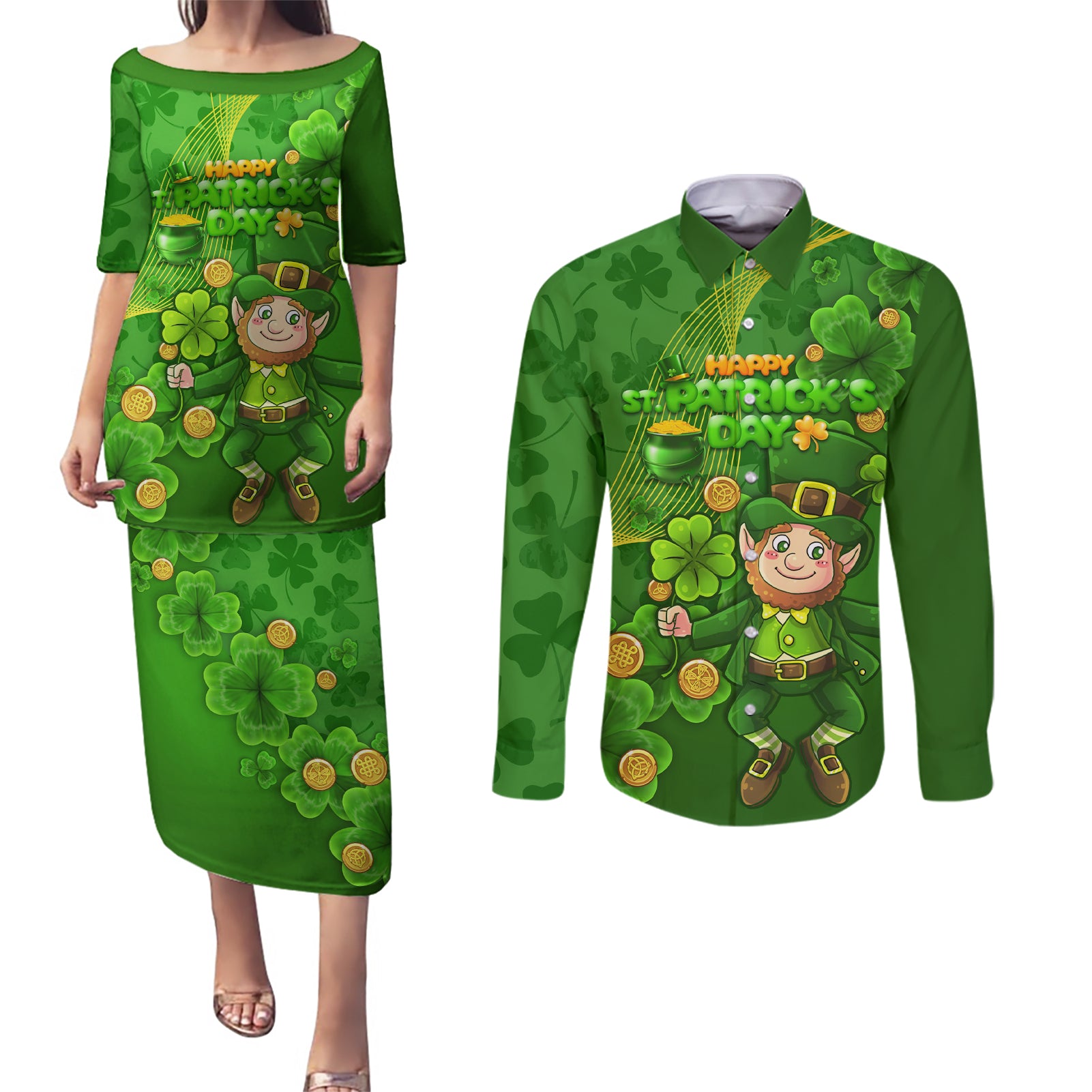 Happy St Patricks Day Couples Matching Puletasi and Long Sleeve Button Shirt 2024 Irish Shamrocks With Lucky Leprechaun - Wonder Print Shop