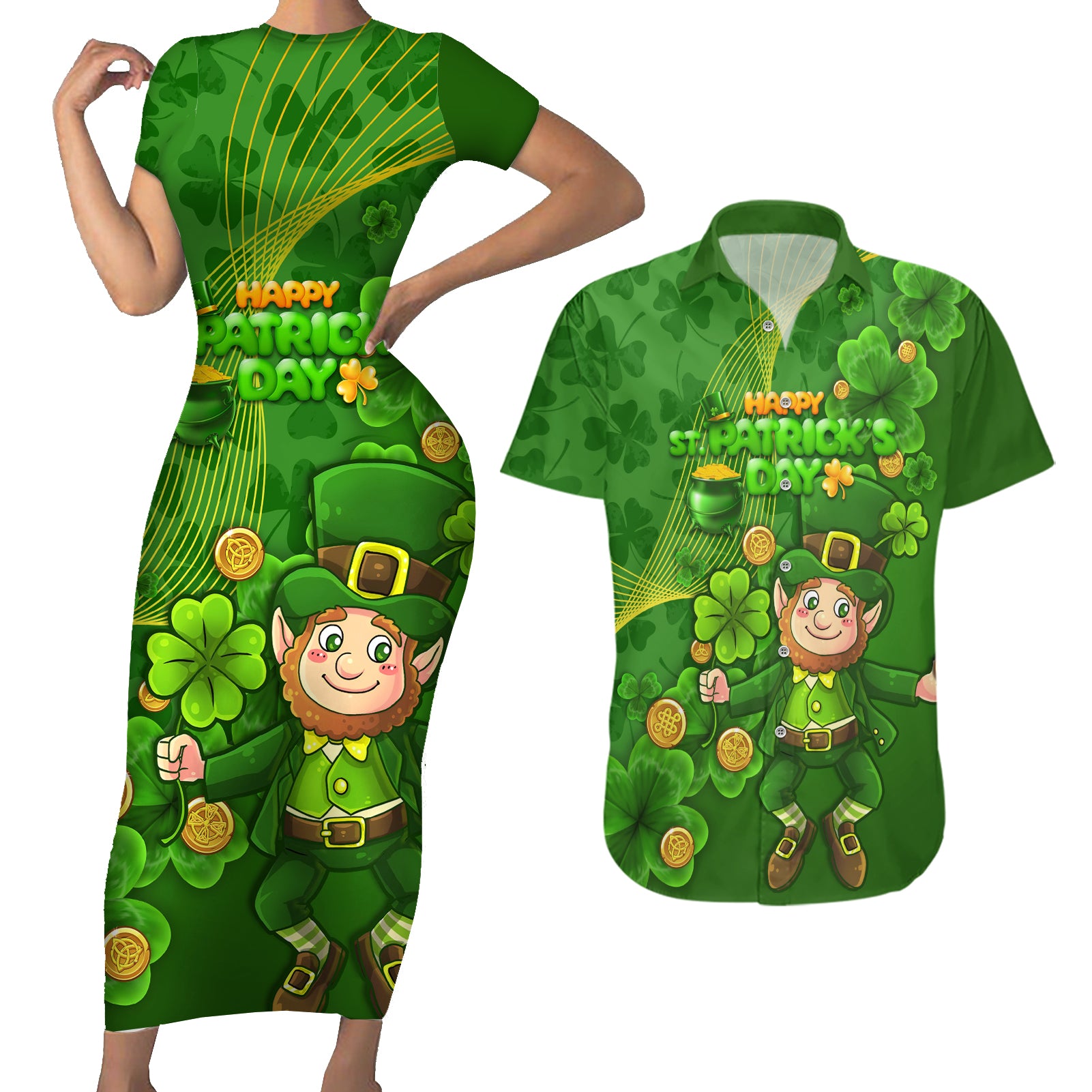 Happy St Patricks Day Couples Matching Short Sleeve Bodycon Dress and Hawaiian Shirt 2024 Irish Shamrocks With Lucky Leprechaun - Wonder Print Shop