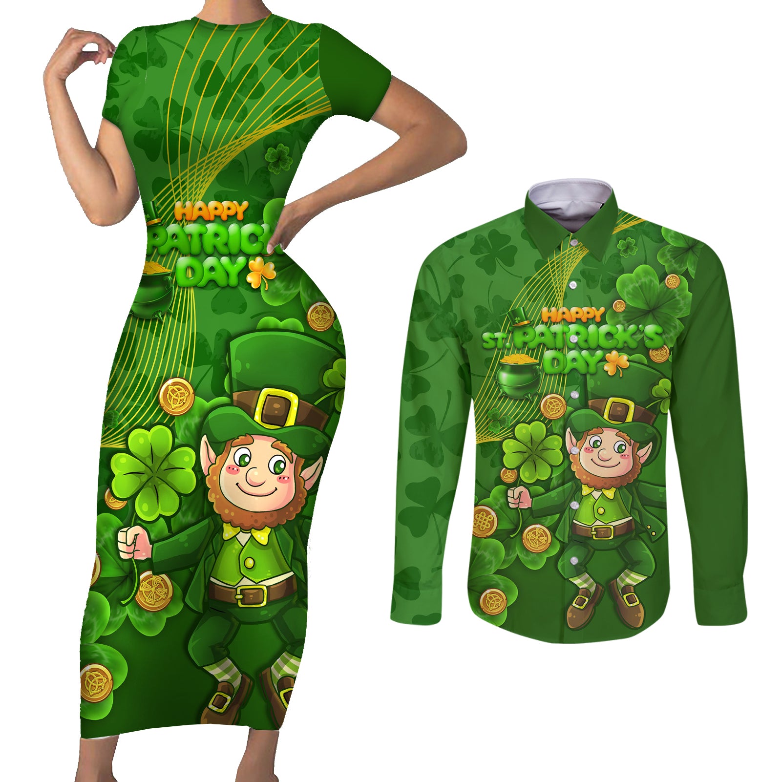 Happy St Patricks Day Couples Matching Short Sleeve Bodycon Dress and Long Sleeve Button Shirt 2024 Irish Shamrocks With Lucky Leprechaun - Wonder Print Shop