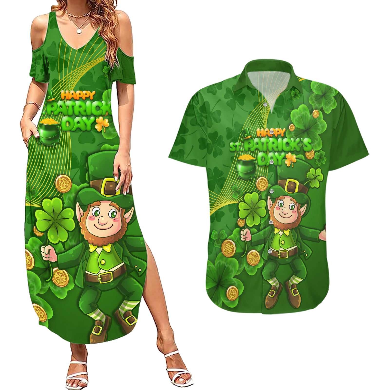 Happy St Patricks Day Couples Matching Summer Maxi Dress and Hawaiian Shirt 2024 Irish Shamrocks With Lucky Leprechaun - Wonder Print Shop