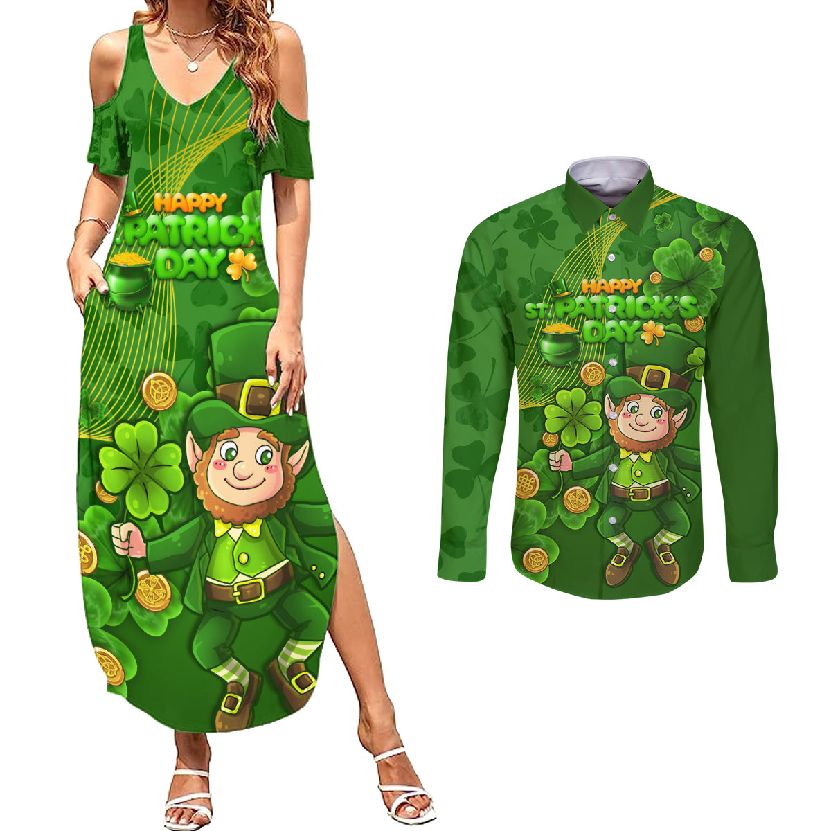 Happy St Patricks Day Couples Matching Summer Maxi Dress and Long Sleeve Button Shirt 2024 Irish Shamrocks With Lucky Leprechaun - Wonder Print Shop