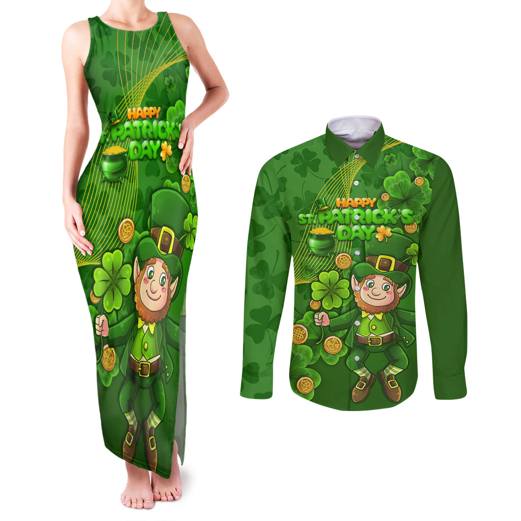 Happy St Patricks Day Couples Matching Tank Maxi Dress and Long Sleeve Button Shirt 2024 Irish Shamrocks With Lucky Leprechaun - Wonder Print Shop