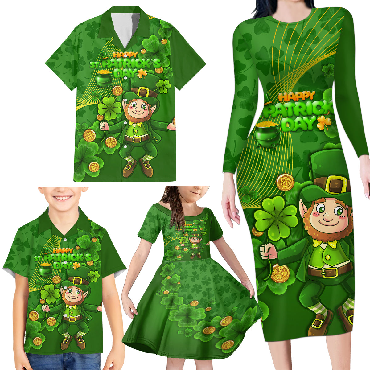 Happy St Patricks Day Family Matching Long Sleeve Bodycon Dress and Hawaiian Shirt 2024 Irish Shamrocks With Lucky Leprechaun - Wonder Print Shop