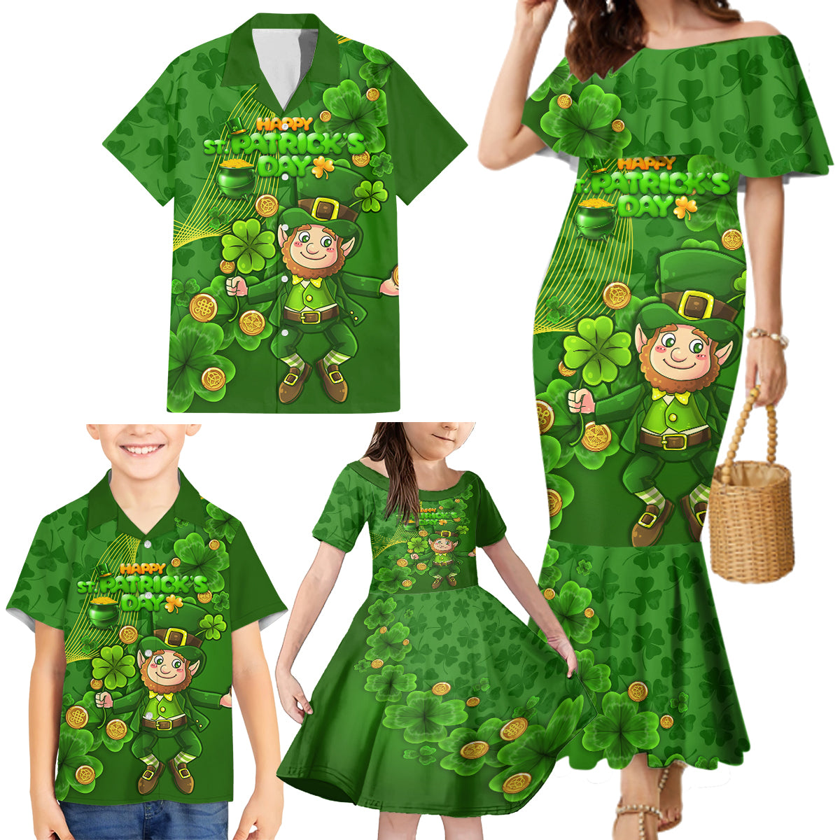 Happy St Patricks Day Family Matching Mermaid Dress and Hawaiian Shirt 2024 Irish Shamrocks With Lucky Leprechaun - Wonder Print Shop