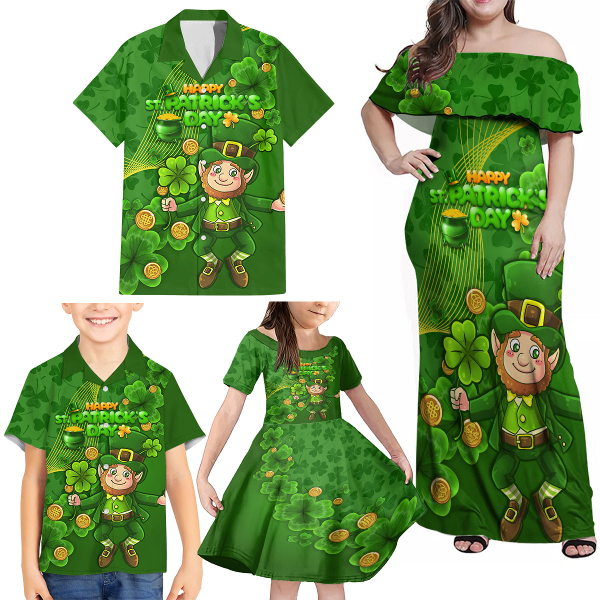 Happy St Patricks Day Family Matching Off Shoulder Maxi Dress and Hawaiian Shirt 2024 Irish Shamrocks With Lucky Leprechaun - Wonder Print Shop