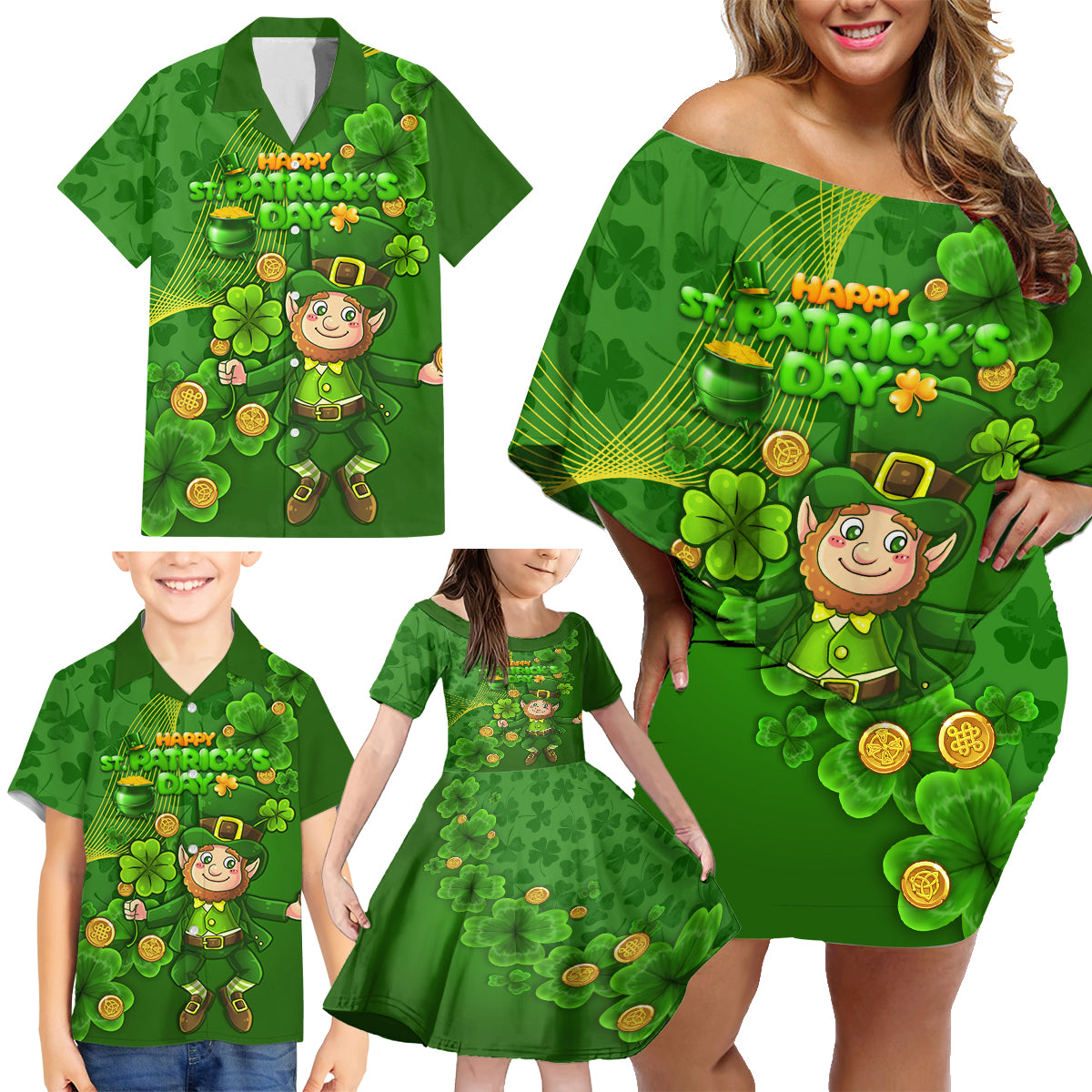 Happy St Patricks Day Family Matching Off Shoulder Short Dress and Hawaiian Shirt 2024 Irish Shamrocks With Lucky Leprechaun - Wonder Print Shop