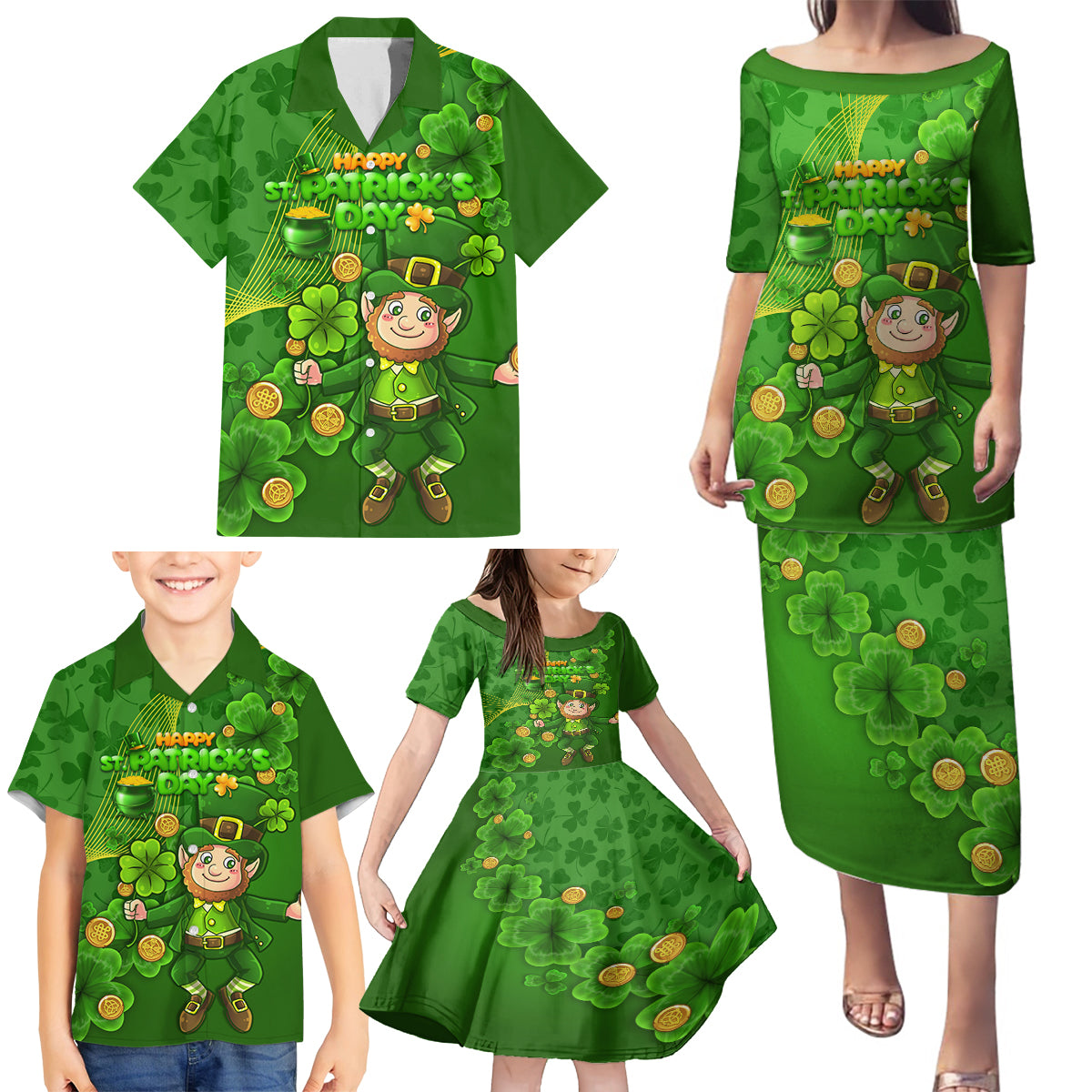 Happy St Patricks Day Family Matching Puletasi and Hawaiian Shirt 2024 Irish Shamrocks With Lucky Leprechaun - Wonder Print Shop