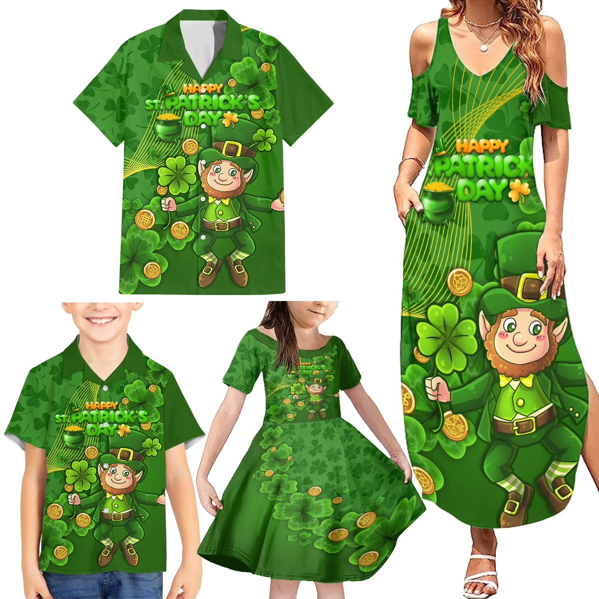 Happy St Patricks Day Family Matching Summer Maxi Dress and Hawaiian Shirt 2024 Irish Shamrocks With Lucky Leprechaun - Wonder Print Shop