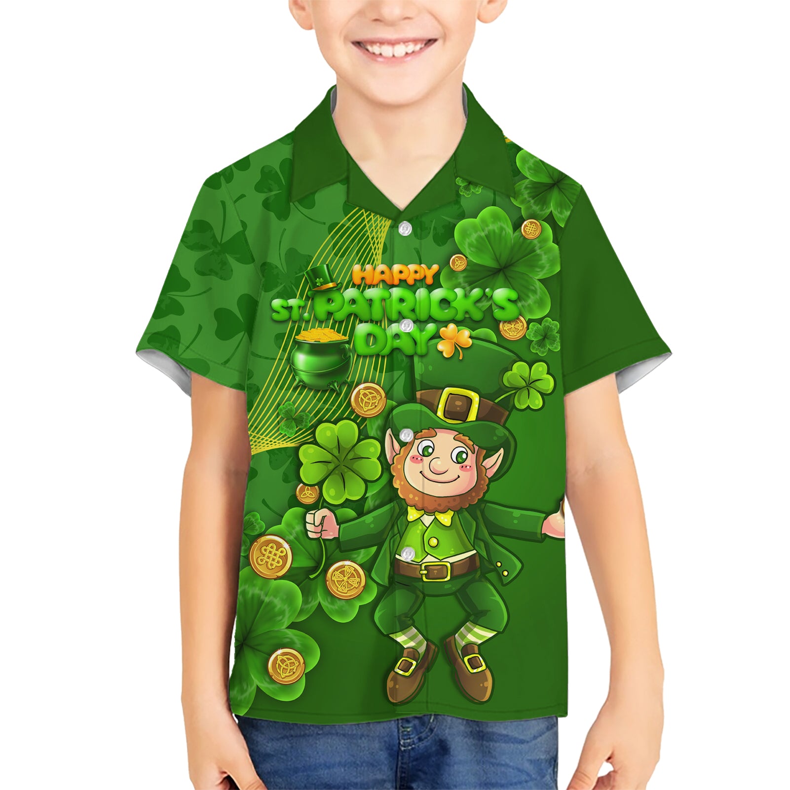 Happy St Patricks Day Kid Hawaiian Shirt 2024 Irish Shamrocks With Lucky Leprechaun - Wonder Print Shop