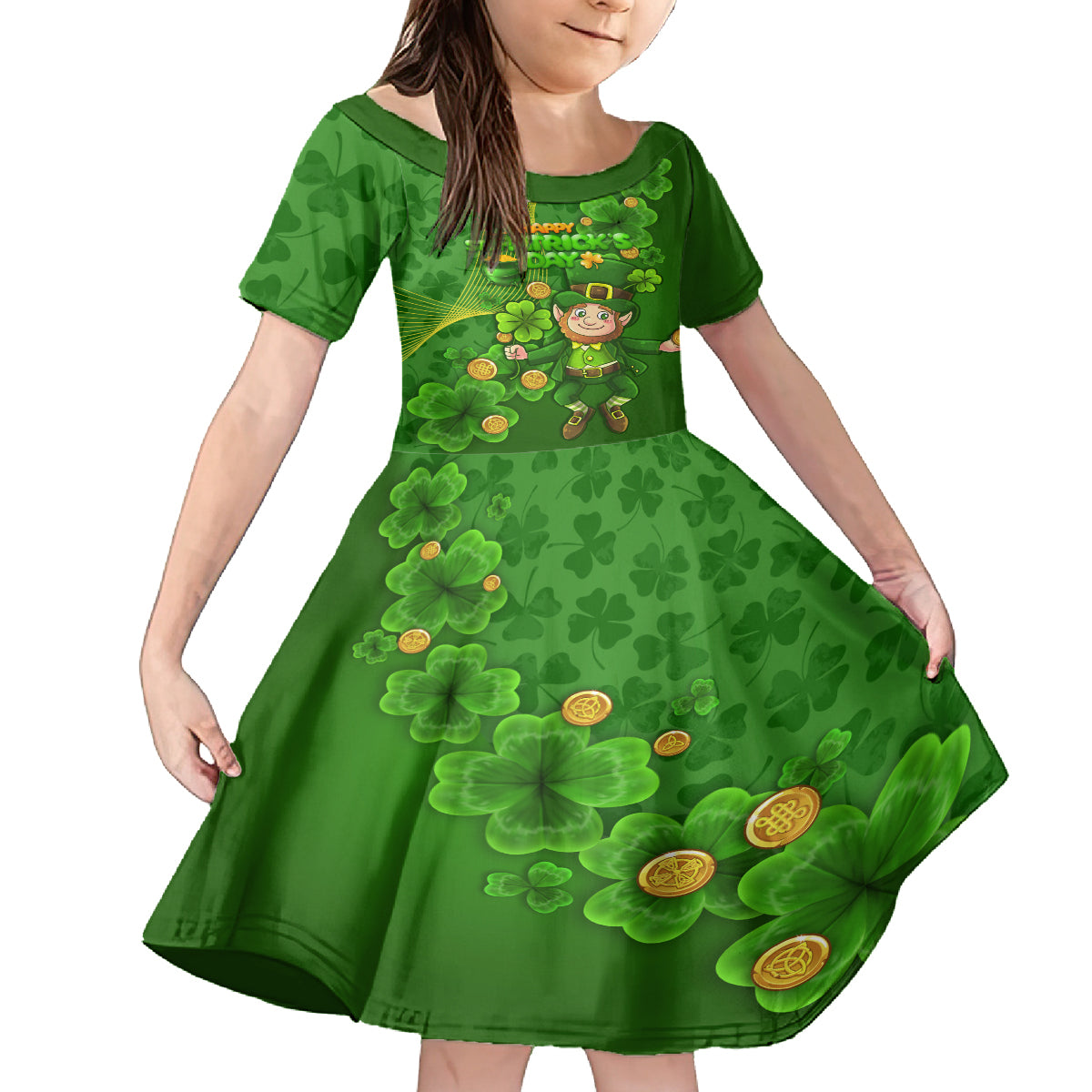 Happy St Patricks Day Kid Short Sleeve Dress 2024 Irish Shamrocks With Lucky Leprechaun - Wonder Print Shop