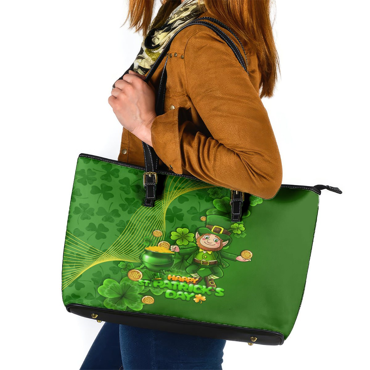 Happy St Patricks Day Leather Tote Bag 2024 Irish Shamrocks With Lucky Leprechaun - Wonder Print Shop