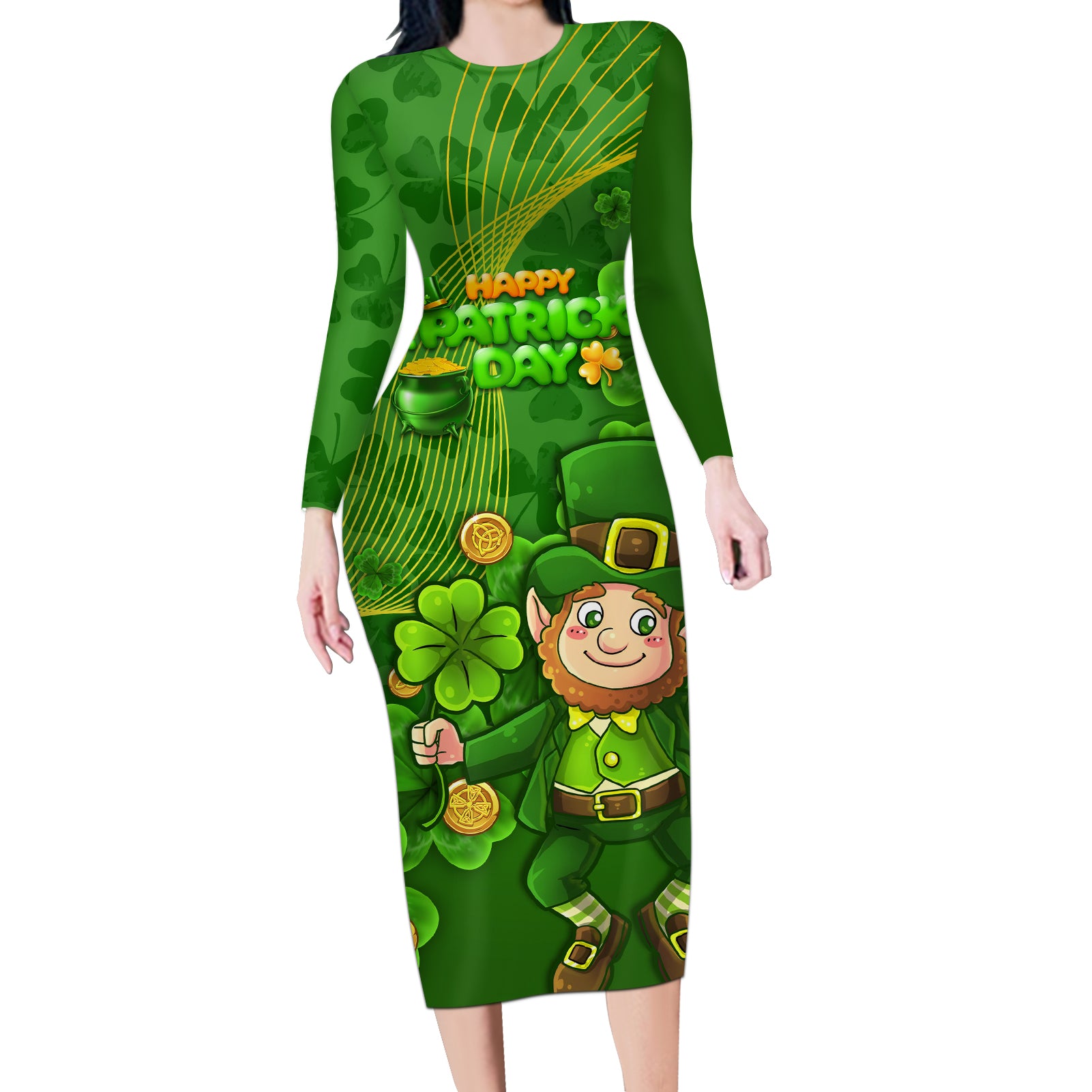 Happy St Patricks Day Long Sleeve Bodycon Dress 2024 Irish Shamrocks With Lucky Leprechaun - Wonder Print Shop