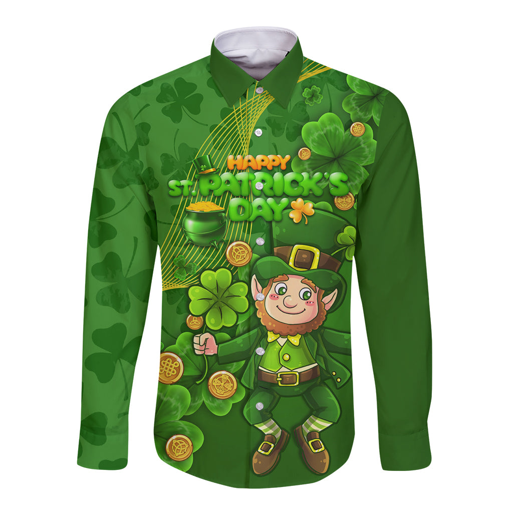 Happy St Patricks Day Long Sleeve Button Shirt 2024 Irish Shamrocks With Lucky Leprechaun - Wonder Print Shop