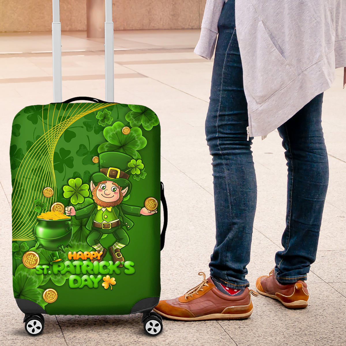 Happy St Patricks Day Luggage Cover 2024 Irish Shamrocks With Lucky Leprechaun - Wonder Print Shop