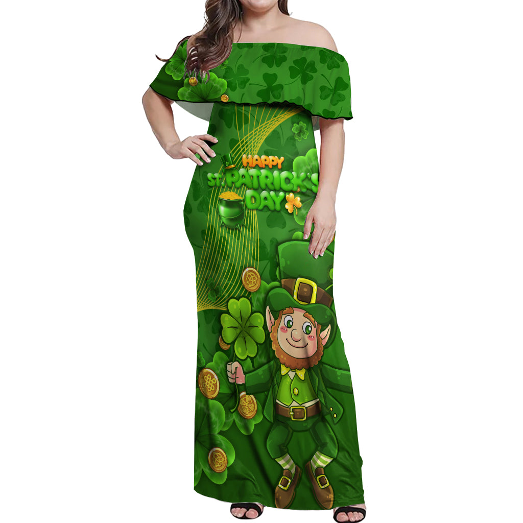 Happy St Patricks Day Off Shoulder Maxi Dress 2024 Irish Shamrocks With Lucky Leprechaun - Wonder Print Shop