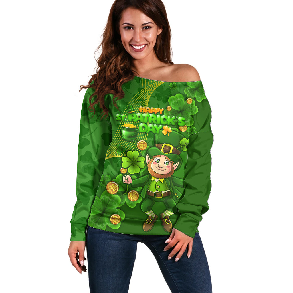 Happy St Patricks Day Off Shoulder Sweater 2024 Irish Shamrocks With Lucky Leprechaun - Wonder Print Shop