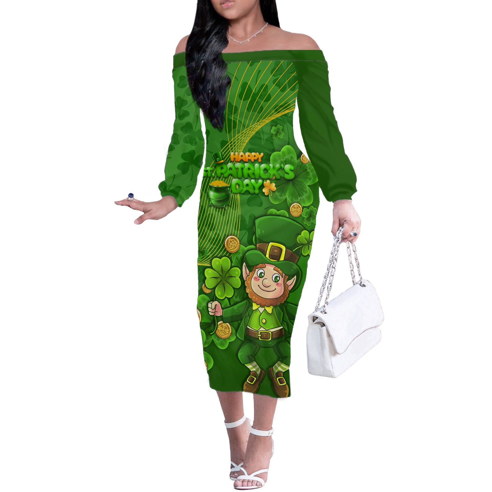 Happy St Patricks Day Off The Shoulder Long Sleeve Dress 2024 Irish Shamrocks With Lucky Leprechaun - Wonder Print Shop