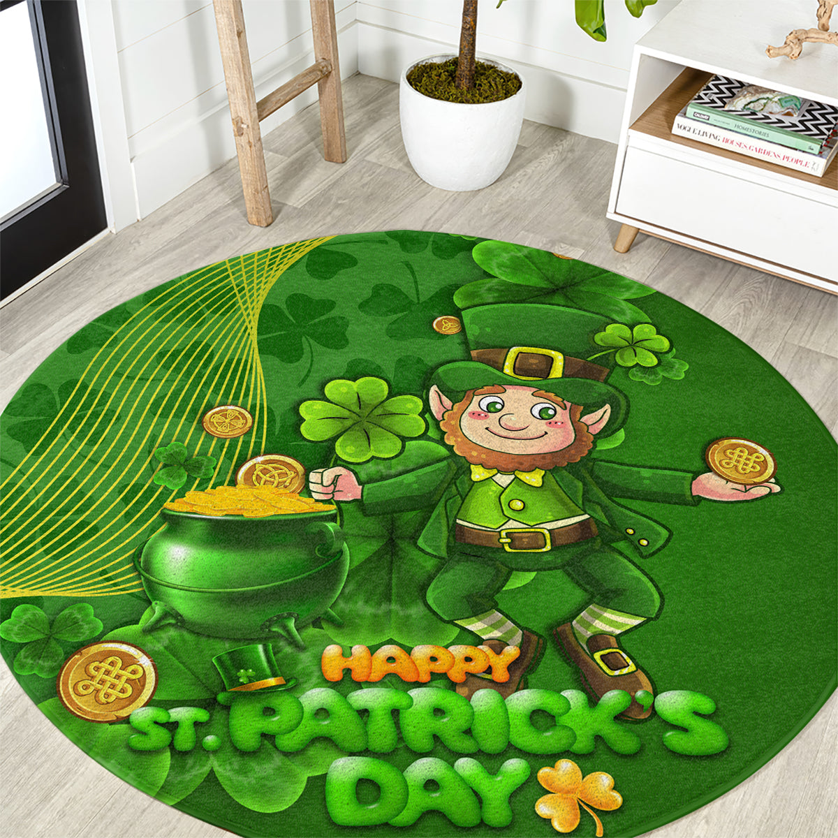 Happy St Patricks Day Round Carpet 2024 Irish Shamrocks With Lucky Leprechaun